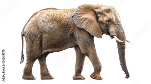 A large African elephant with large ears and tusks, walking to the right, isolated on a white background. photo