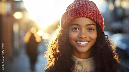 A smiling girl wearing a be...