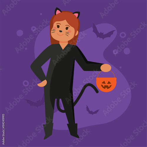 Girl dressed as black cat holding pumpkin bucket for Halloween, Vector