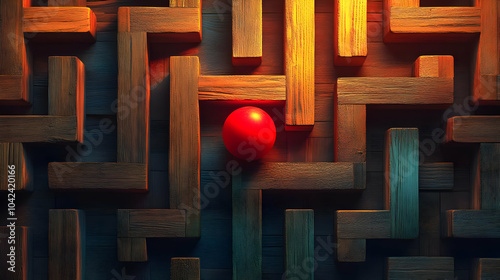 A red ball amidst a wooden ...
