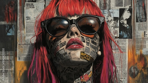 A red-haired punk rock woman wearing sunglasses, covered in street art graffiti and stickers with text on her face, comic book art, iconic album covers, gothic illustration