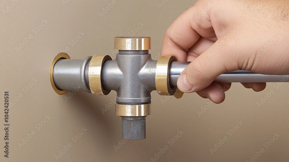 Adjusting plumbing fittings on a pipe with a hand tool in a residential setting during daytime repairs Adjusting plumbing fittings on a pipe with a hand tool in a residential setting during daytime repairs