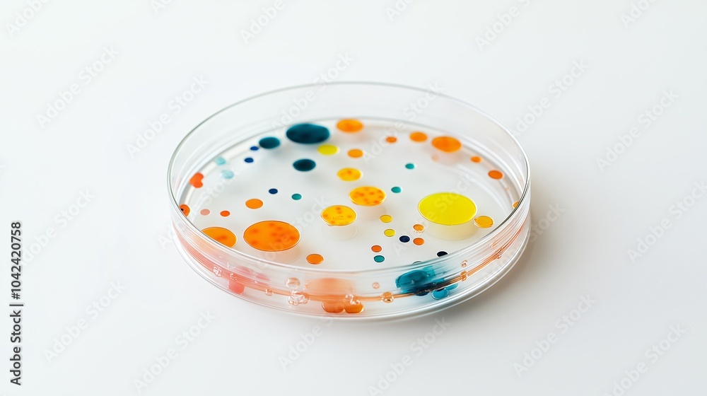 Colorful dots float in a petri dish filled with a clear solution on a white surface during a laboratory experiment Colorful dots float in a petri dish filled with a clear solution on a white surface during a laboratory experiment