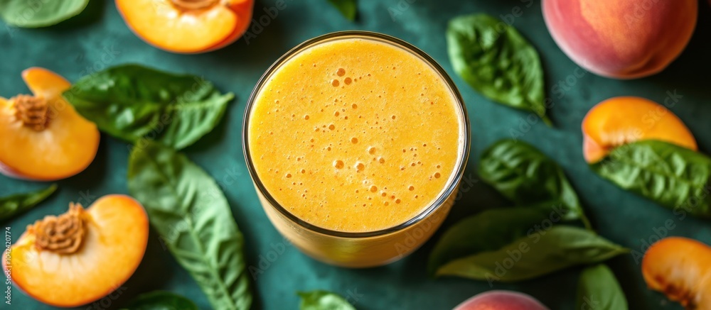 Φωτογραφία Glass of fresh peach smoothie with peach slices and green leaves on a turquoise background