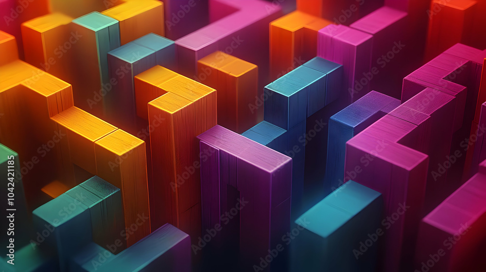 Abstract 3D blocks in vibrant colors creating a maze-like pattern. Abstract 3D blocks in vibrant colors creating a maze-like pattern.
