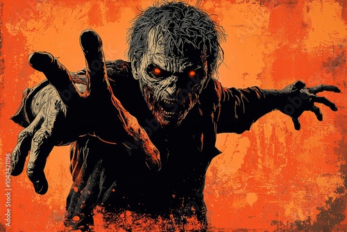 A Zombie With Glowing Red Eyes Reaching Out From An Orange Background photo