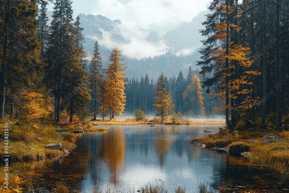Fototapeta premium Tranquil Mountain Lake Surrounded by Autumnal Trees