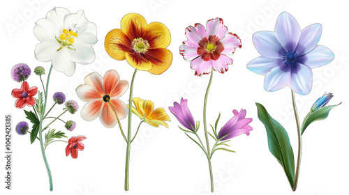 Various collection of colorful flowers isolated on transparent background