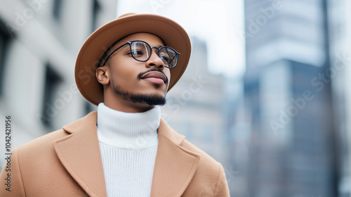 Stylish man wearing hat and glasses, dressed in fashionable coat and sweater, poses confidently in urban setting, showcasing modern fashion trends. photo