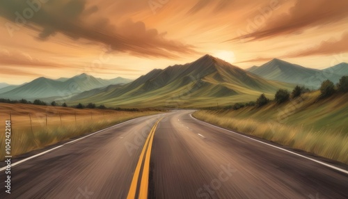 Scenic asphalt highway stretching through green mountains with a beautiful sunset and cloudy sky