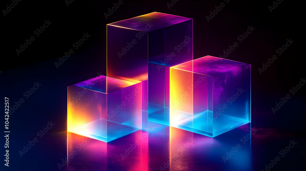 Colorful translucent cubes illuminated in a dark setting. Colorful translucent cubes illuminated in a dark setting.