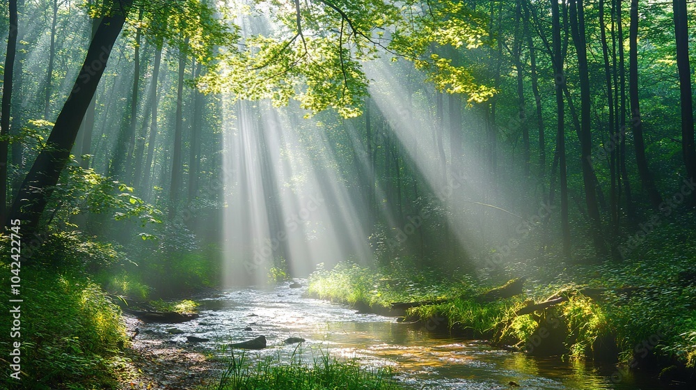 Fototapeta premium Tranquil Forest Stream with Sunlight Rays
