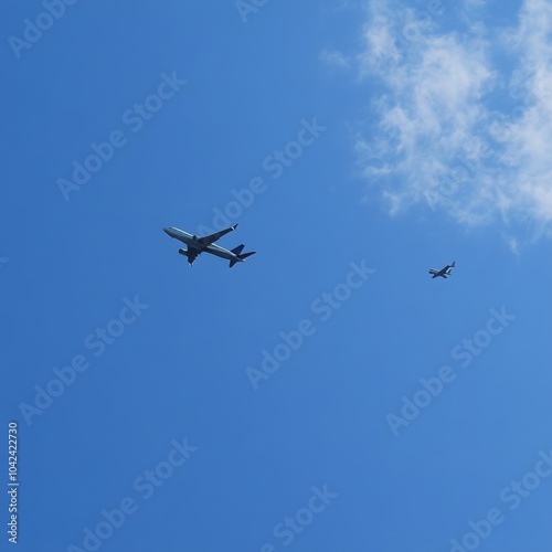 Airplane flies across blue sky, small jet trails