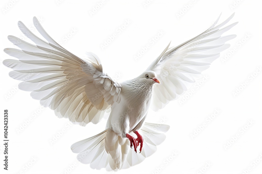 Obraz premium A white dove in flight with its wings spread wide, isolated against a white background.
