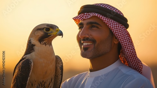 Middle Eastern Man Proudly Holding a Majestic Falcon photo