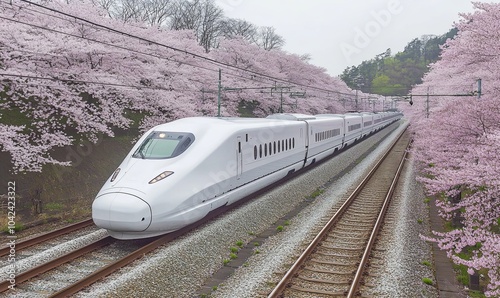 A white bullet train speeds through a tunnel of blooming cherry blossoms in spring. photo