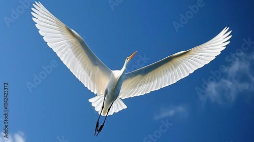 A white egret with outstretched wings soars against a bright blue sky.