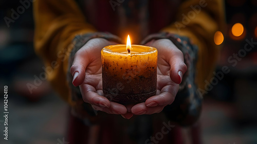 A person holds a lit candle...