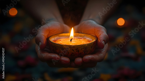 A person holds a lit candle...