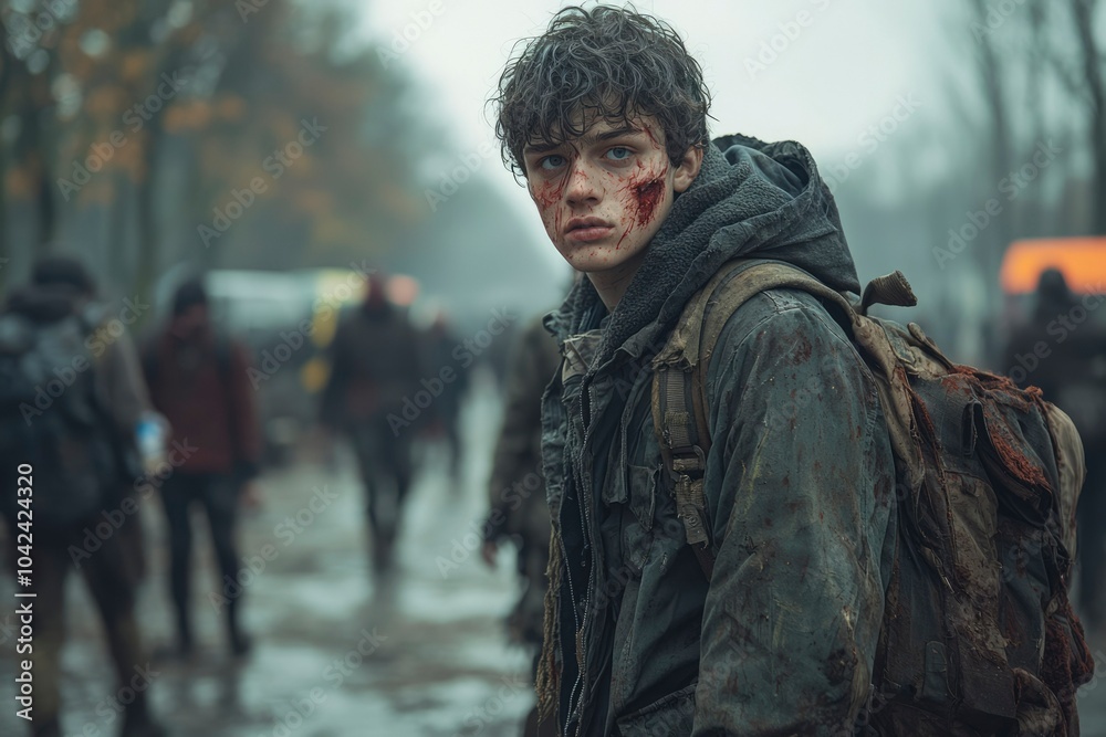 Fototapeta premium A Young Man Covered in Blood and Dirt Stands in a Desolate Street