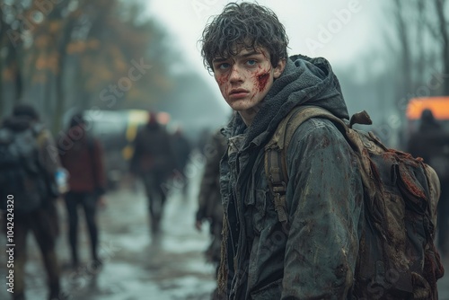 A Young Man Covered in Blood and Dirt Stands in a Desolate Street