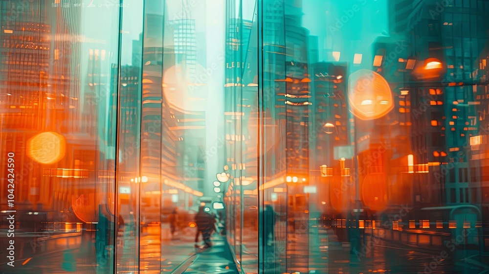 Obraz premium Blurred view of a city street through a glass building with reflections and bokeh lights.