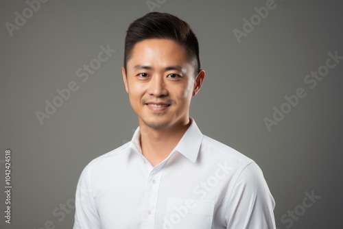 Portrait of a handsome asian man in white shirt on gray background