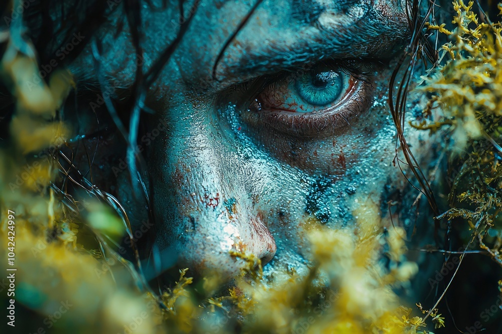 Close-up of a Bloody and Weathered Human Eye Peering Through Foliage Close-up of a Bloody and Weathered Human Eye Peering Through Foliage