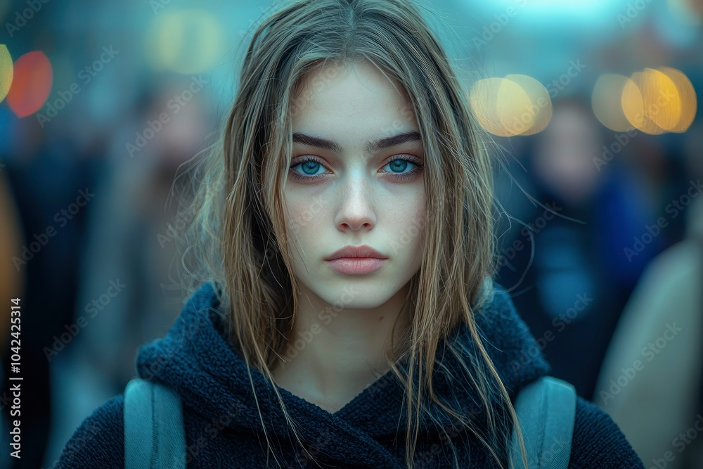 Young Woman with Blue Eyes Standing in a Crowded Street Young Woman with Blue Eyes Standing in a Crowded Street