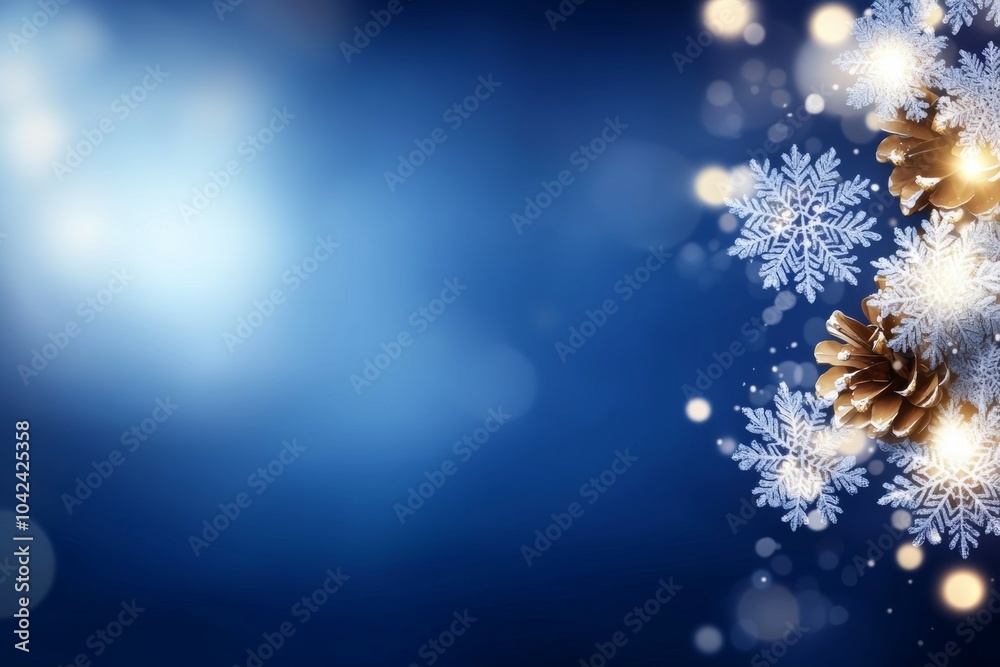A blue background with snowflakes and pine cones A blue background with snowflakes and pine cones