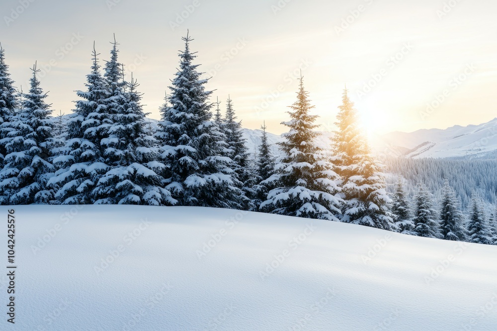 A snowy field with pine trees in the background A snowy field with pine trees in the background