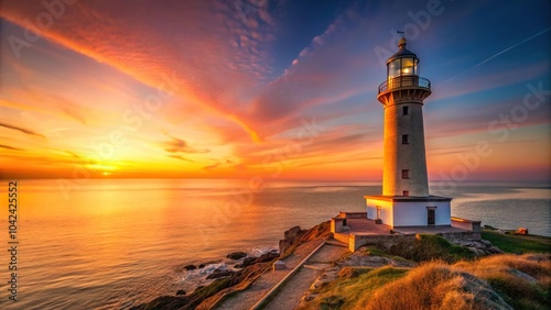 Description: A picture of a lighthouse doused with orange light of sunset with the radiation of comfort.
