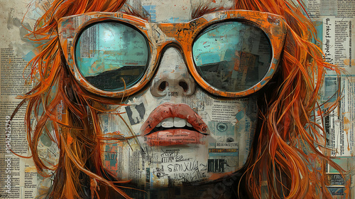 A red-haired punk rock woman wearing sunglasses, covered in street art graffiti and stickers with text on her face, comic book art, iconic album covers, gothic illustration photo