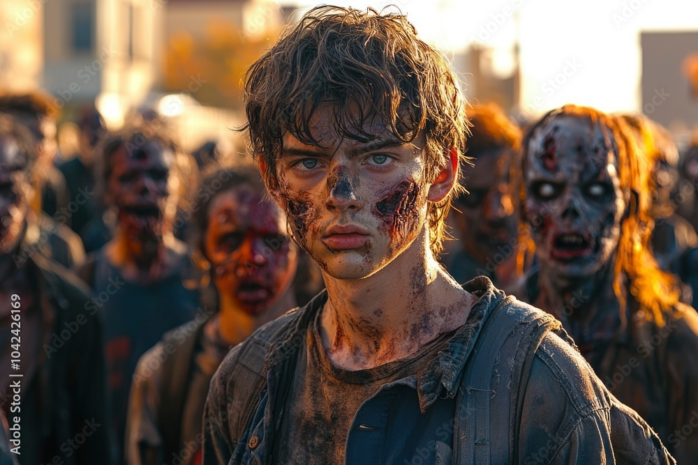 Fototapeta premium A Young Man Covered in Blood and Dirt Amidst a Horde of Zombies