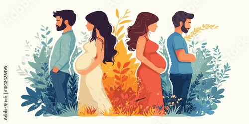 vector A group of three pregnant women and two men, all standing in a row, looking to the right. They are surrounded by stylized foliage.