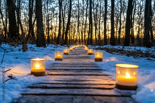 A path in the woods is lit up with candles