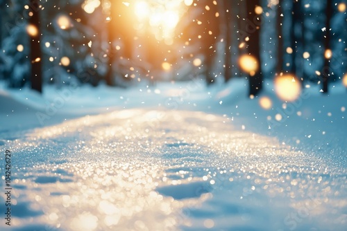 A snowy forest with a bright sun shining through the trees