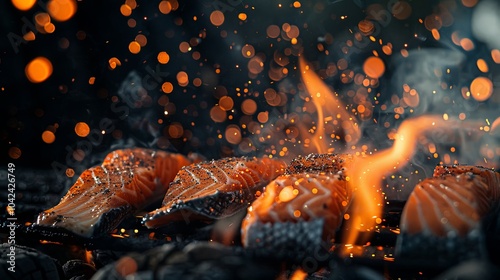 Salmon fillets grilling over hot coals with flames and sparks. photo