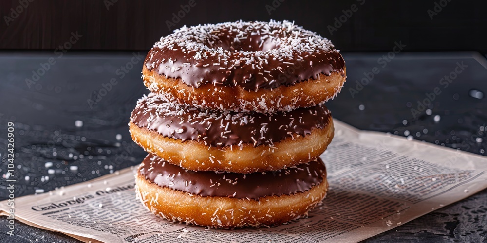 Three chocolate glazed donuts topped with shredded coconut on a crumpled piece of paper. Three chocolate glazed donuts topped with shredded coconut on a crumpled piece of paper.