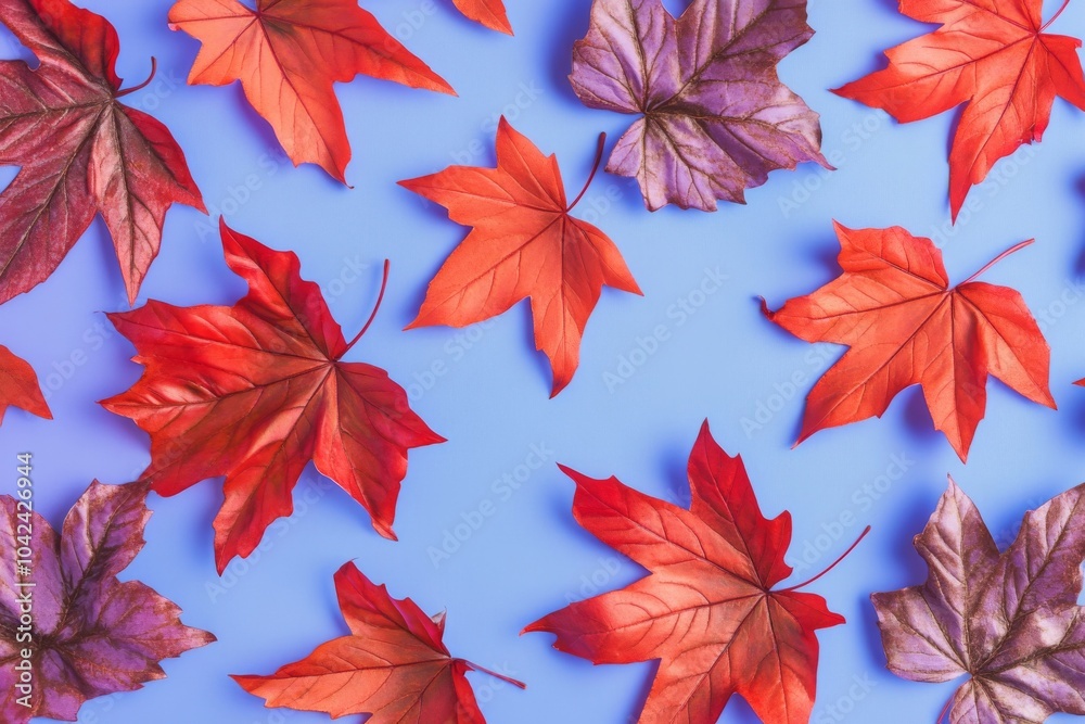 Artistic background of red maple leaves on purple paper, creating a vibrant contrast. Artistic background of red maple leaves on purple paper, creating a vibrant contrast.