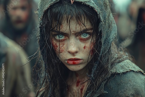 Close-up of a Woman with Bloodstains and Intense Eyes photo