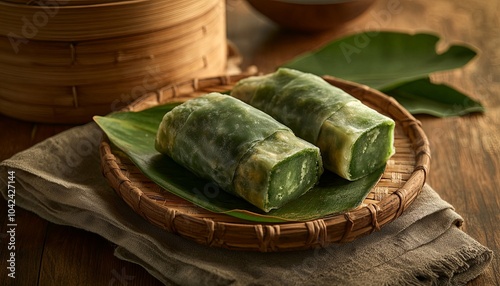 Two green rolls on a woven plate,  decorated with a green leaf on a wooden table. photo