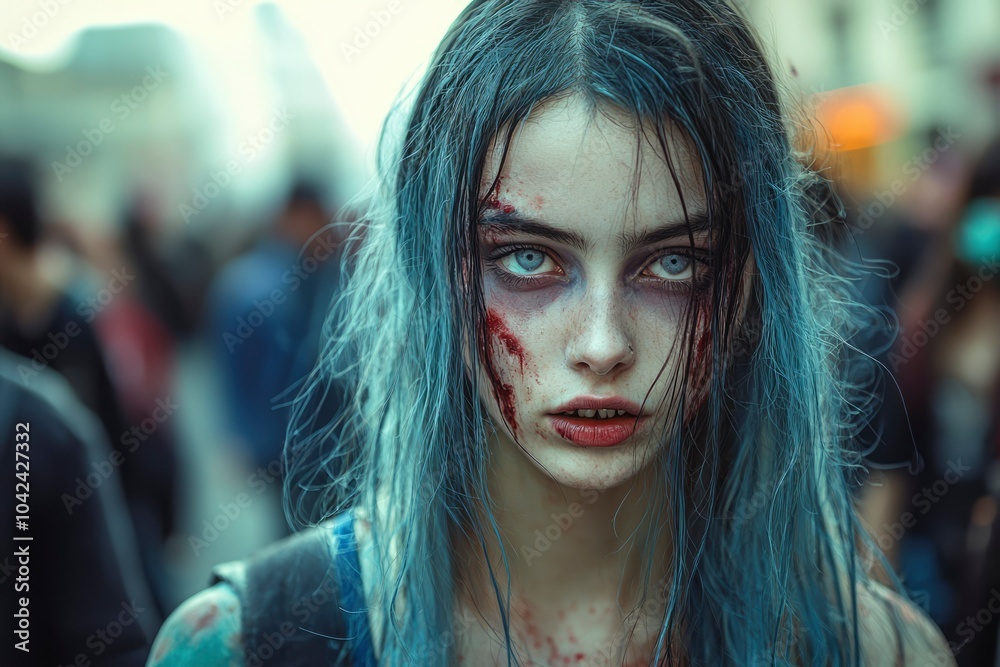 Close-up portrait of a female zombie with blue hair and bloodstains Close-up portrait of a female zombie with blue hair and bloodstains