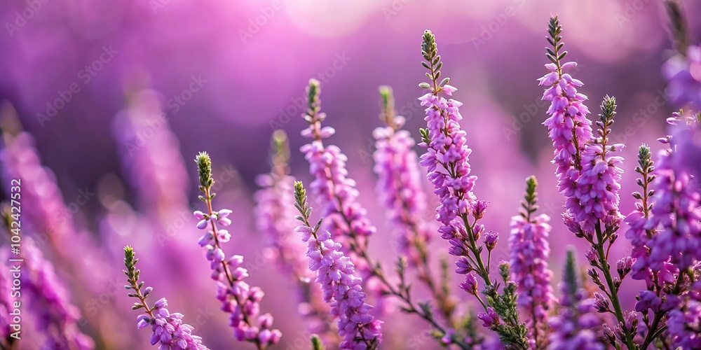 Fototapeta premium description: Beautiful macro shot of purple heather flowers in bloom