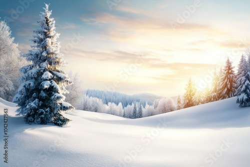 A snowy landscape with a pine tree in the foreground