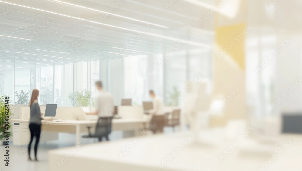 Blurred office interior with white walls and ceiling, people working in the background, light beige and yellow tones. Blurred office interior with white walls and ceiling, people working in the background, light beige and yellow tones.