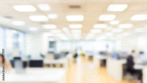 Blurred office interior with white walls and ceiling  people working in the background  light beige and yellow tones.