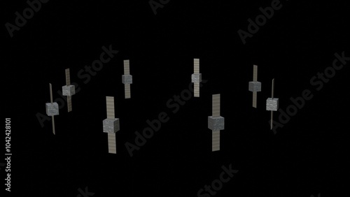 CubeSats in orbit. Nanosatellites circling around empty black background.  Circular array of satellites. 3d render illustration