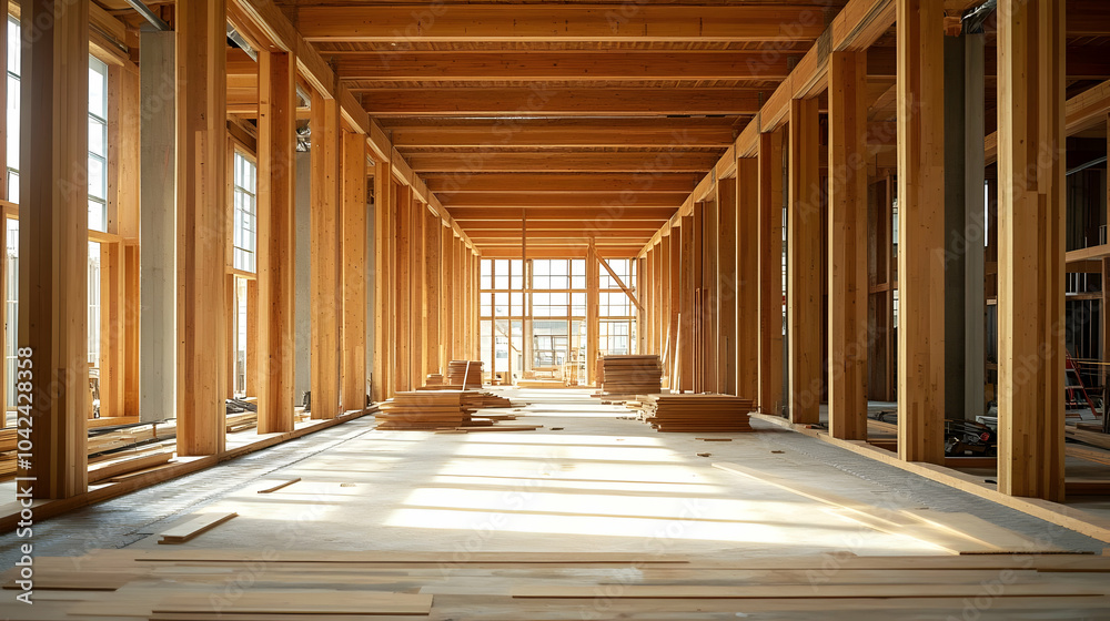 Bright interior of a wooden structure under construction. Bright interior of a wooden structure under construction.