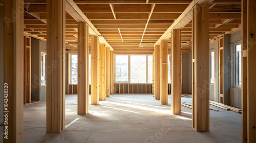 Interior view of a building under construction with wooden supports.